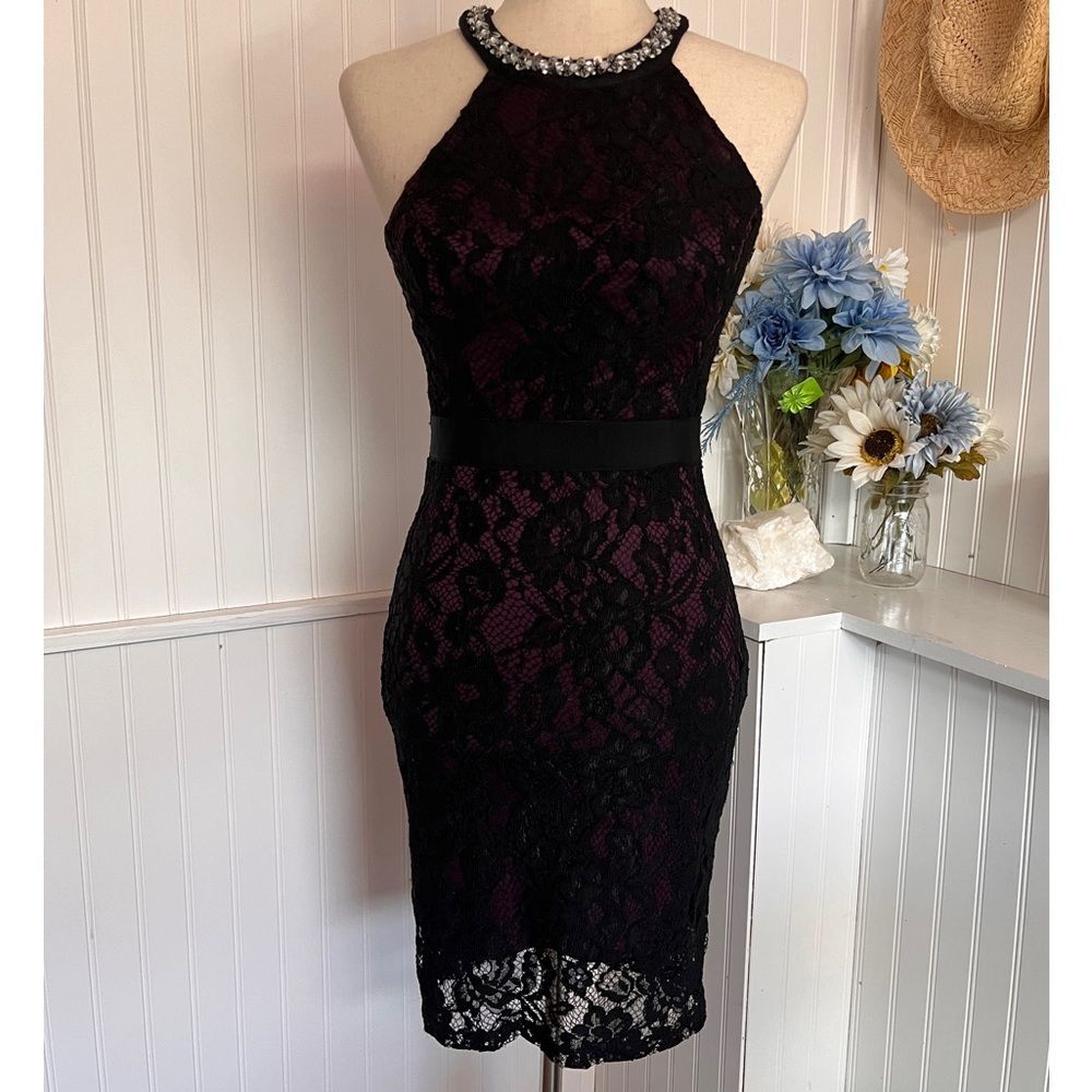 Sequin Hearts Black & Mauve Open Back Lace Dress